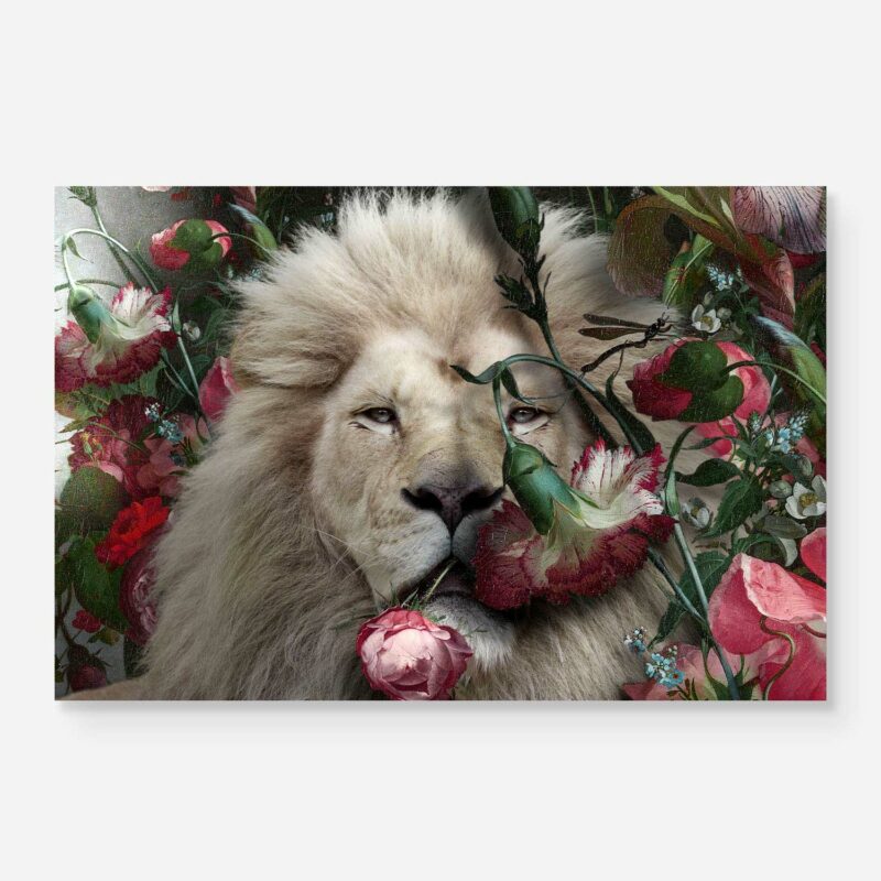 lion portrait with roses and flowers