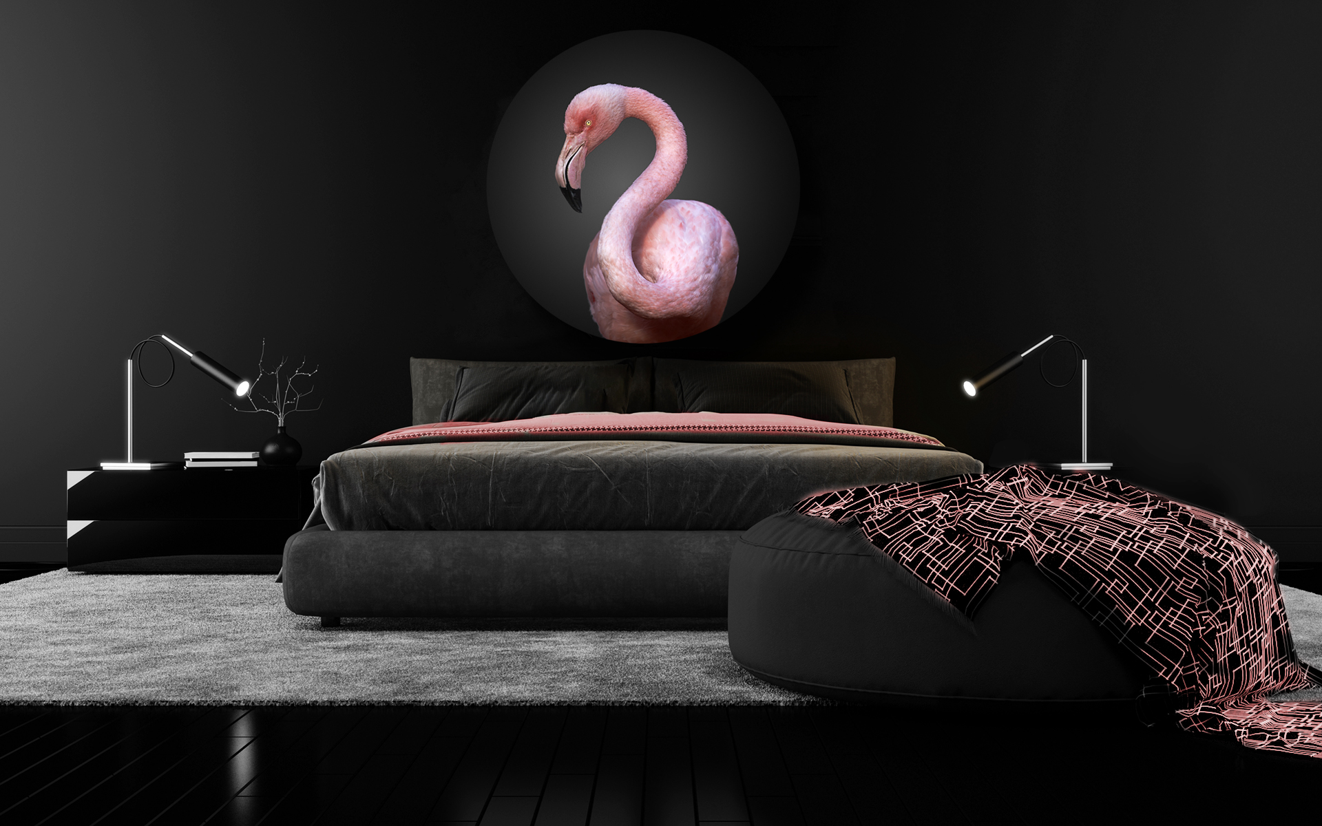 Flamingo portrait in circle in bedroom
