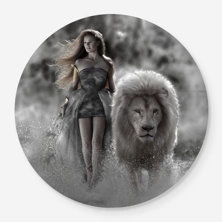Woman walking with lion
