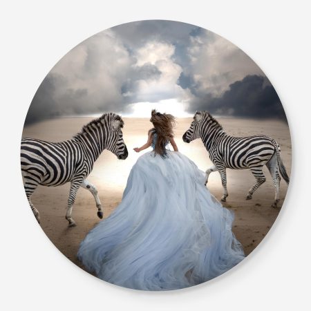 girl in dream dress running with zebras