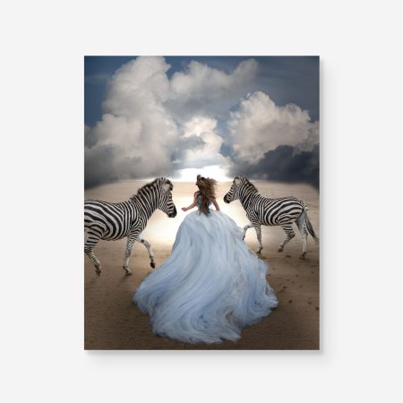 girl in blue dress running with zebras
