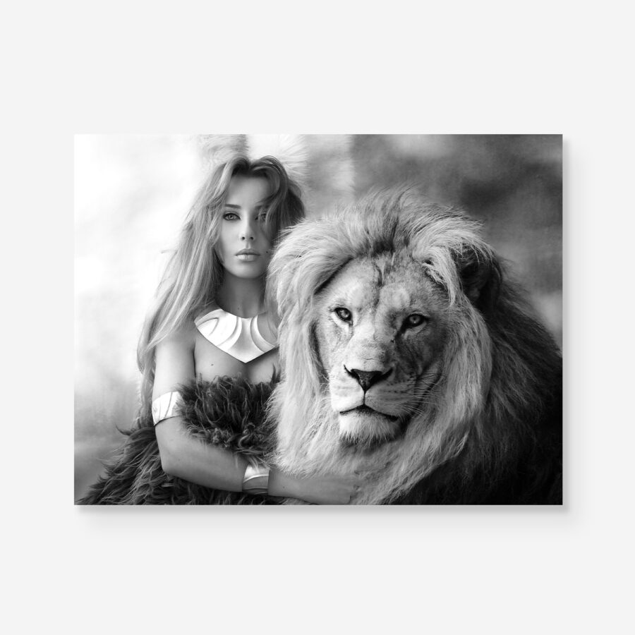 strong B&W portrait of woman together with lion