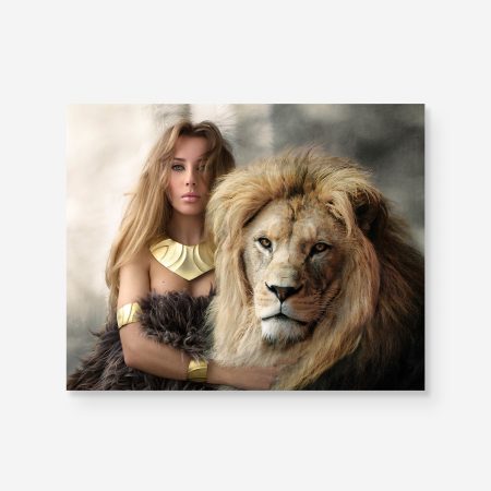 strong portrait of woman together with lion