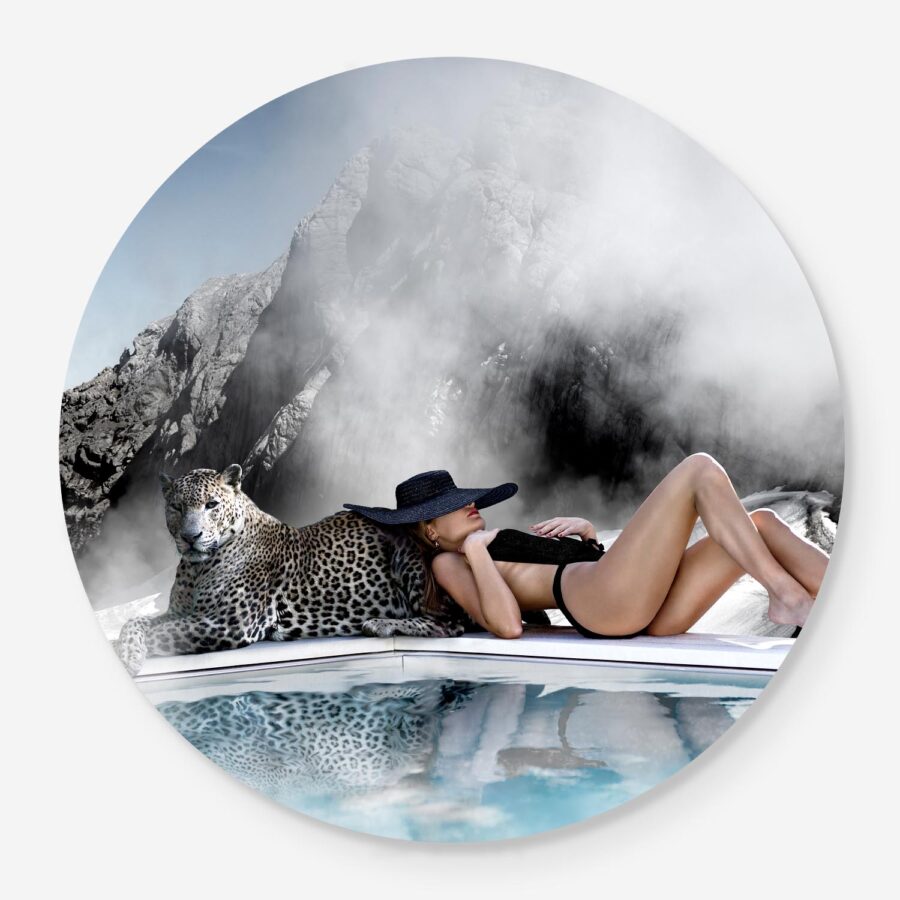 vintage fashion photograph with leopard and woman at the pool