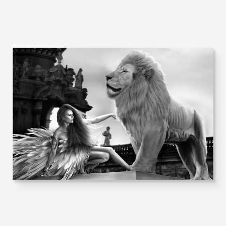woman with lion in surreal fashion