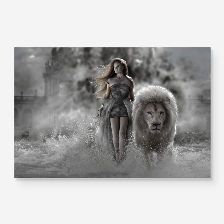 woman walking with lion
