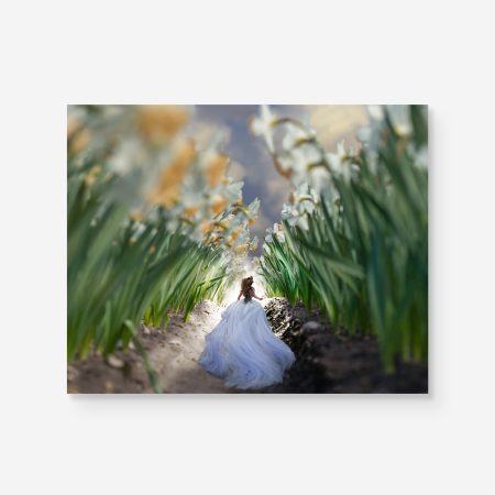 alice running in a flower field