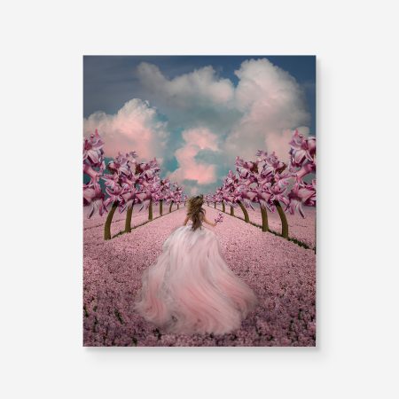 girl running in a field of pink flowers with surreal flower trees