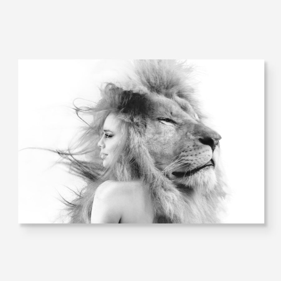 B&W portrait of woman with lion portrait