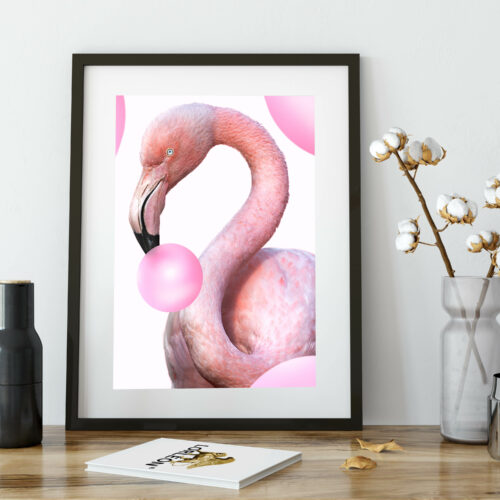 flamingo with bubblegum art print