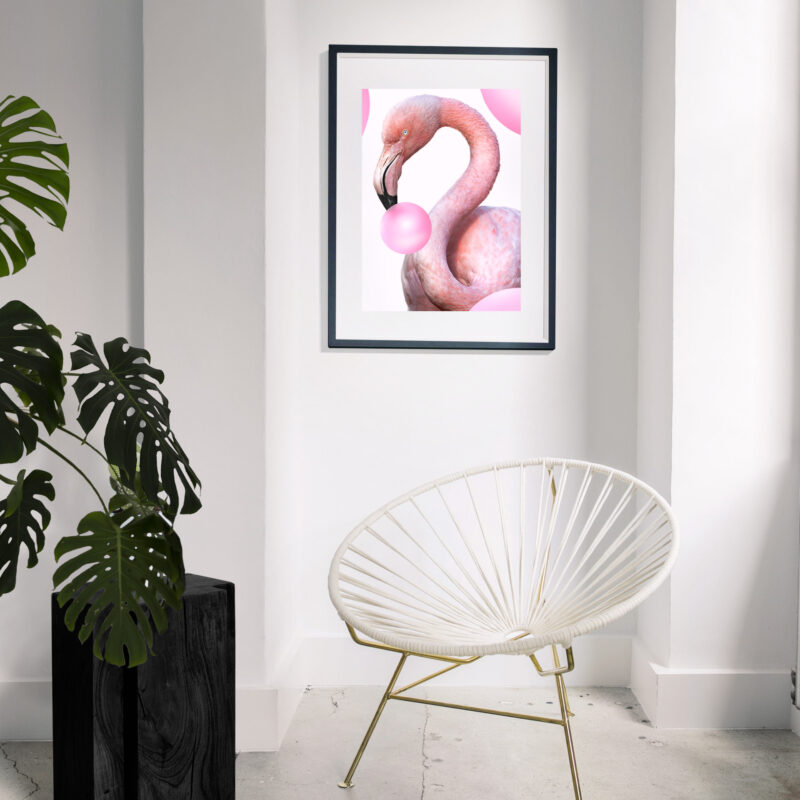 bubblegum flamingo art print on the walls of a contemporary home