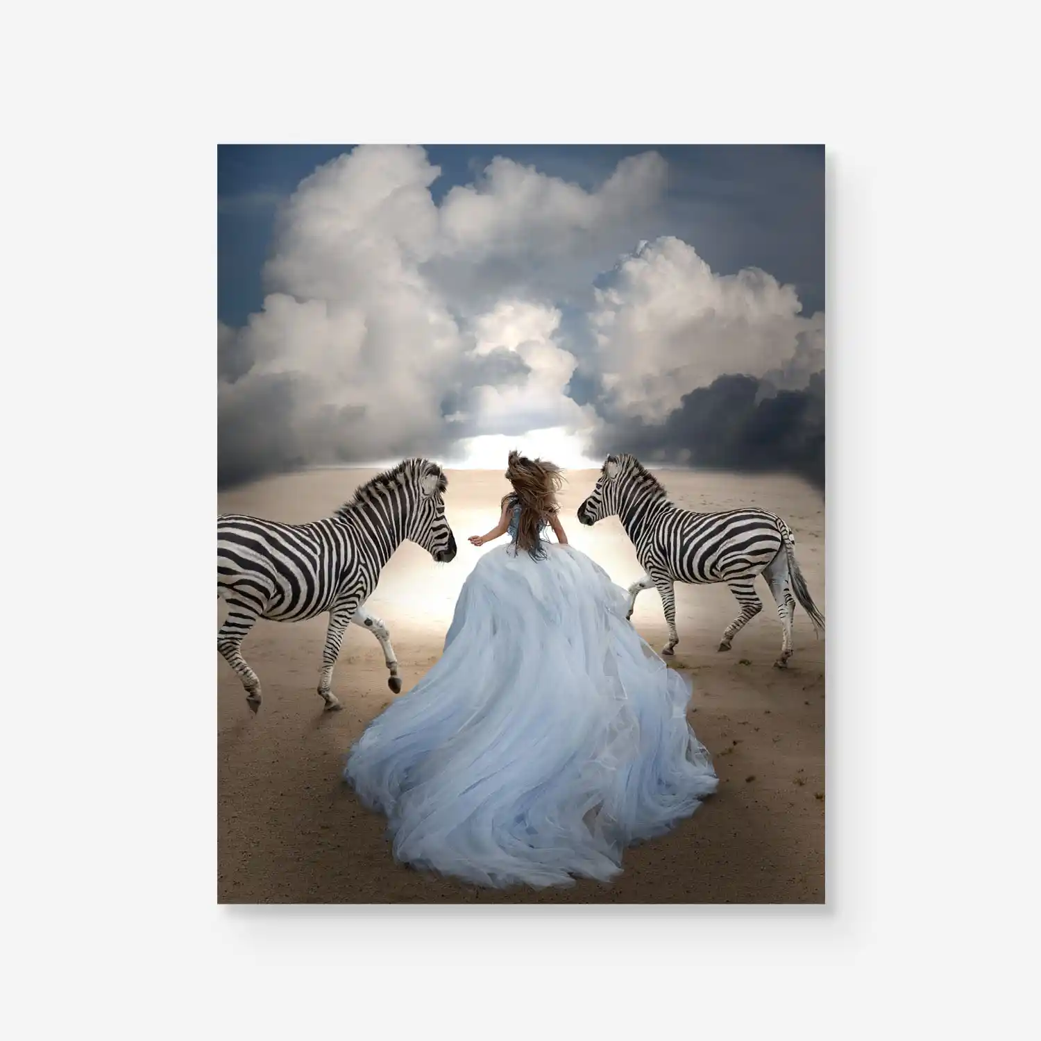 woman running with zebra photography art